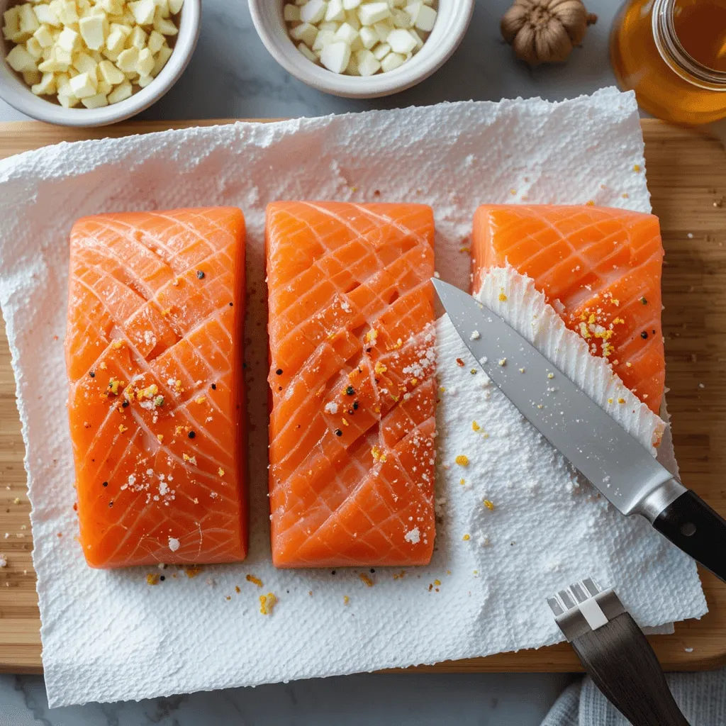 Fresh salmon fillets being prepped with seasoning ingredients on a wooden cutting board, ready for cooking.