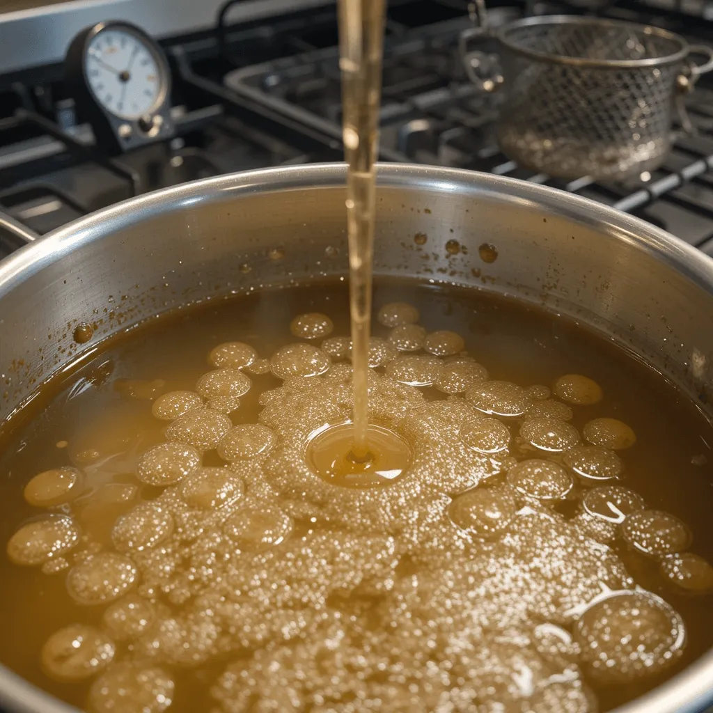 Hot oil in a heavy-bottomed pot with a thermometer showing the ideal frying temperature for Nashville hot chicken.