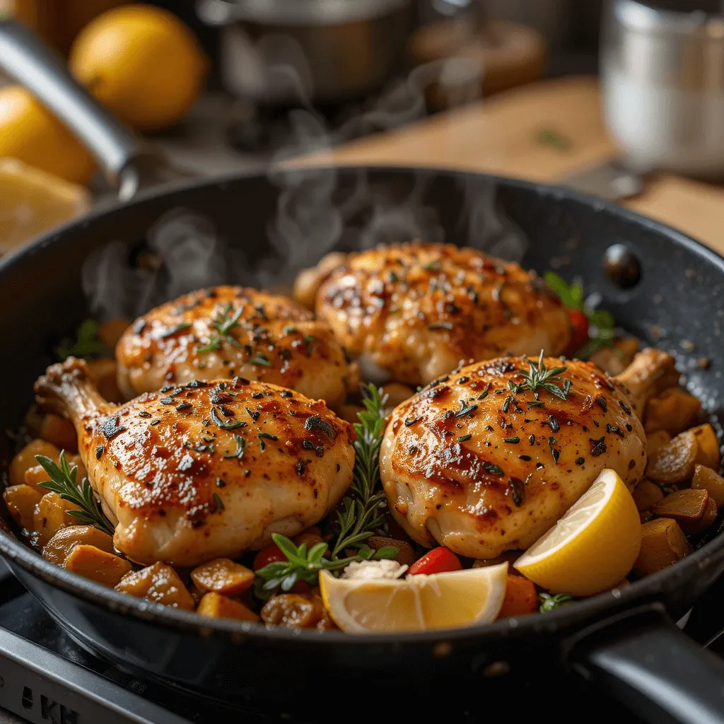 Pan-seared chicken thighs with crispy crust, fresh herbs, and roasted vegetables, ready for serving.