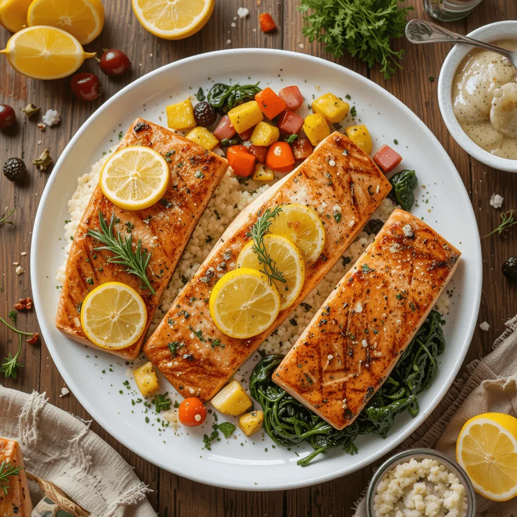 Grilled, baked, and pan-seared salmon dishes, each prepared with a unique seasoning and served with fresh ingredients.