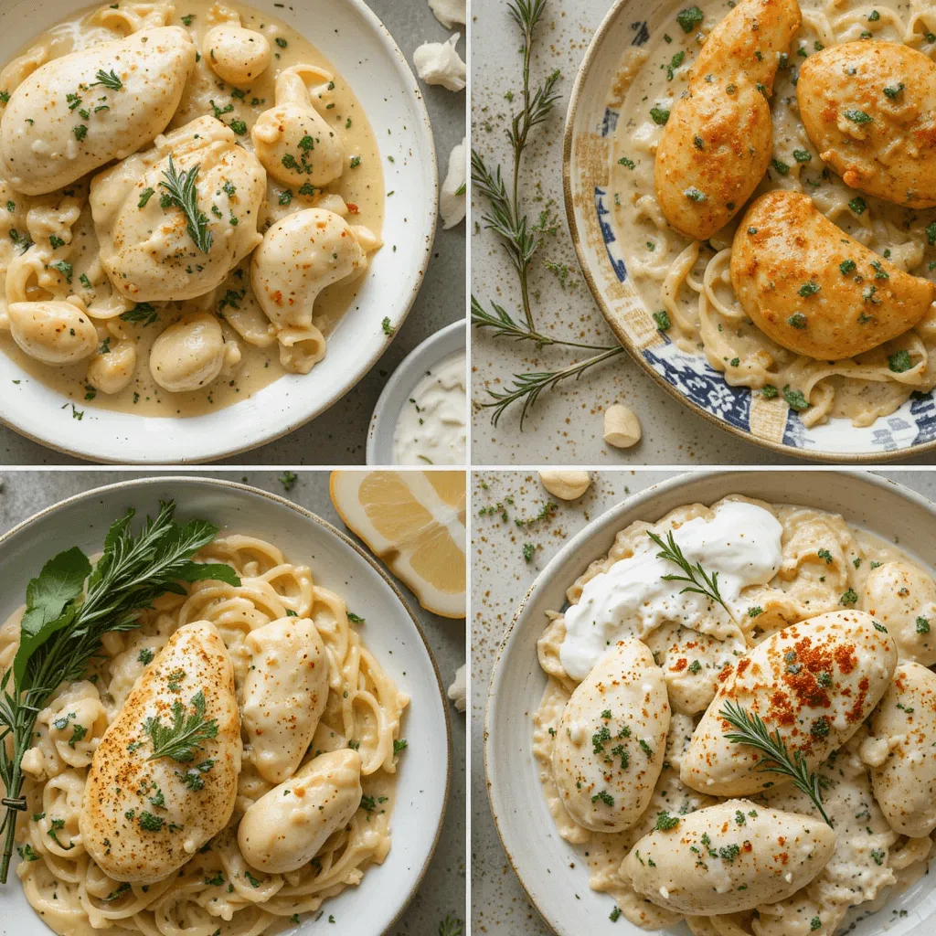 Different creamy garlic chicken variations, showcasing dairy-free options and various spices for customization.