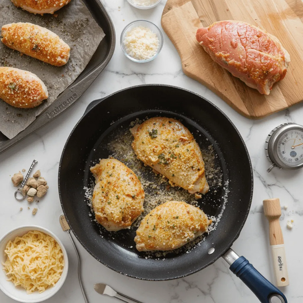 Essential kitchen tools for making homemade parmesan chicken, including a frying pan, baking sheet, and cutting board.