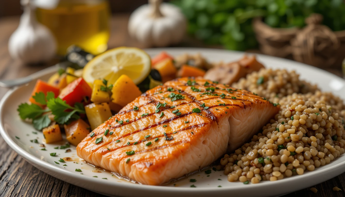 Grilled salmon fillet with a crispy golden crust, served with roasted vegetables and quinoa salad on a rustic wooden table.