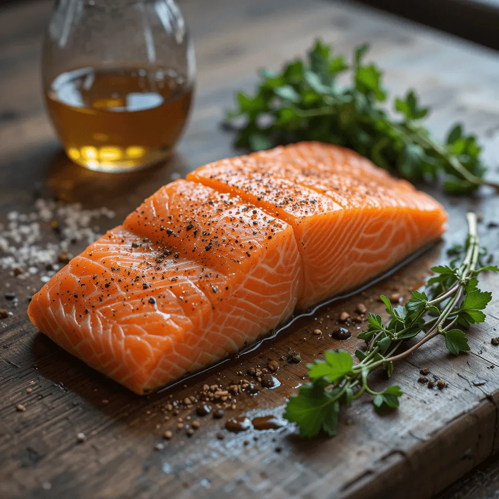 Fresh salmon fillet being rinsed and prepared with paper towels, ready for seasoning, with a light marinade and herbs on the side.