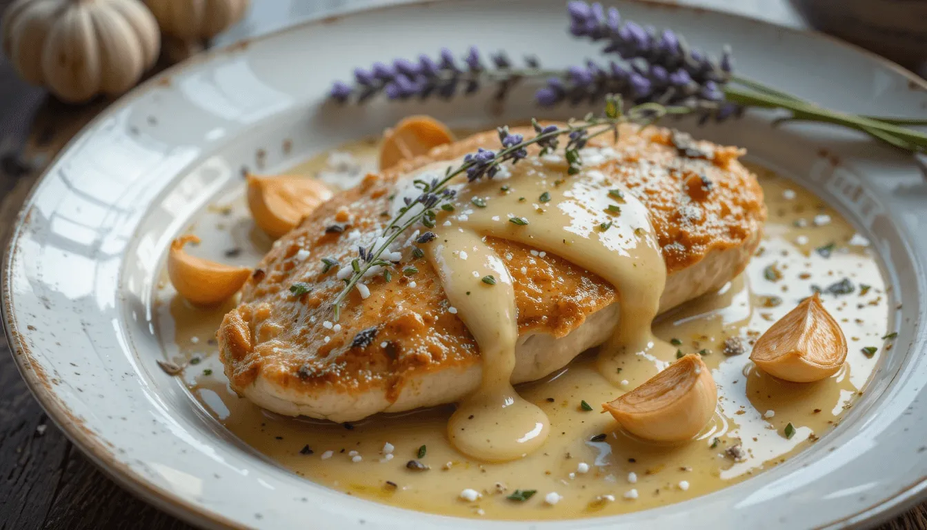 Close-up of Salt and Lavender Creamy Garlic Chicken, featuring golden-seared chicken in a creamy garlic-lavender sauce, garnished with fresh lavender and roasted garlic.