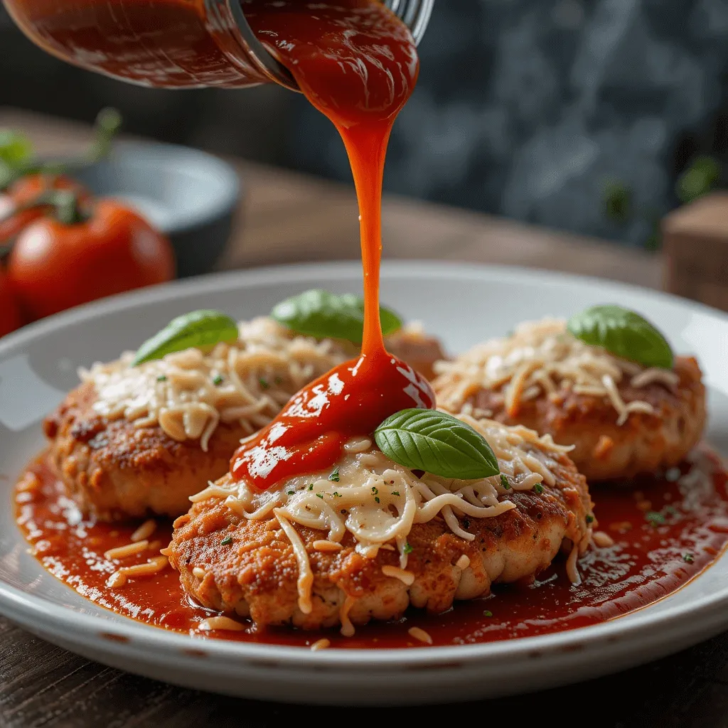 Fresh marinara sauce and a blend of mozzarella, parmesan, and ricotta cheese on crispy homemade parmesan chicken.