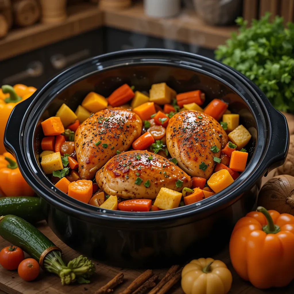 A variety of seasonal vegetables like carrots, broccoli, and bell peppers paired with slow-cooked chicken breast.