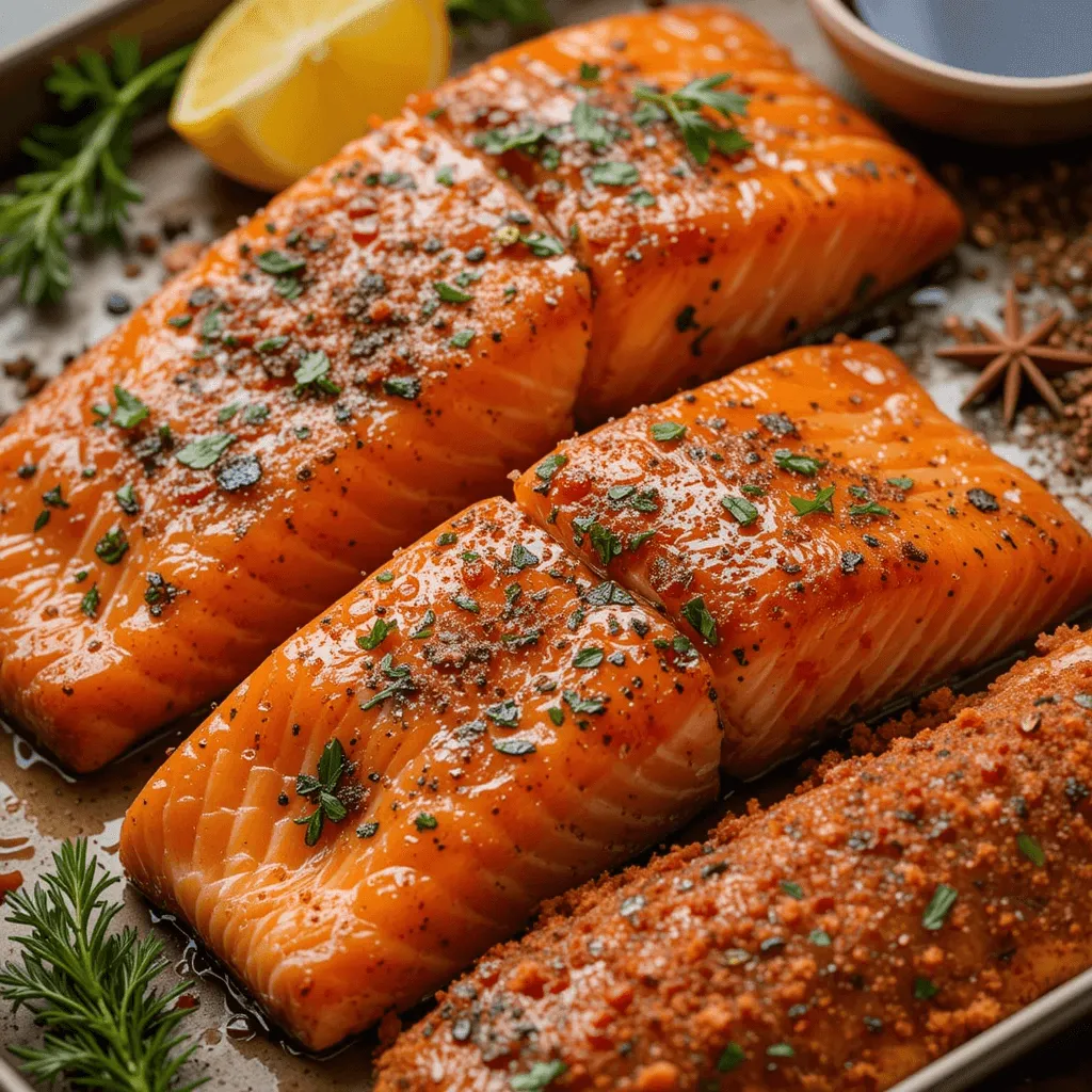 Oven-baked salmon fillets seasoned with lemon, dill, soy sauce, ginger, and paprika, highlighting various flavor options.