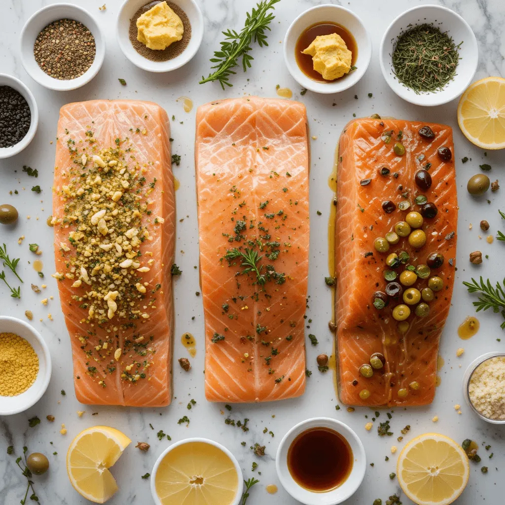 Marinated salmon fillets with lemon-garlic, soy-ginger, and Mediterranean herb flavors, surrounded by fresh ingredients.