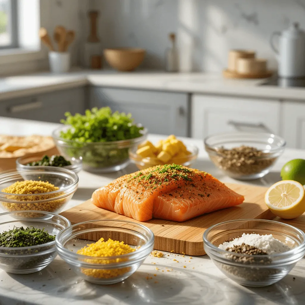 Salmon fillets with different marinades Asian, Mediterranean, and Mexican on a wooden board.