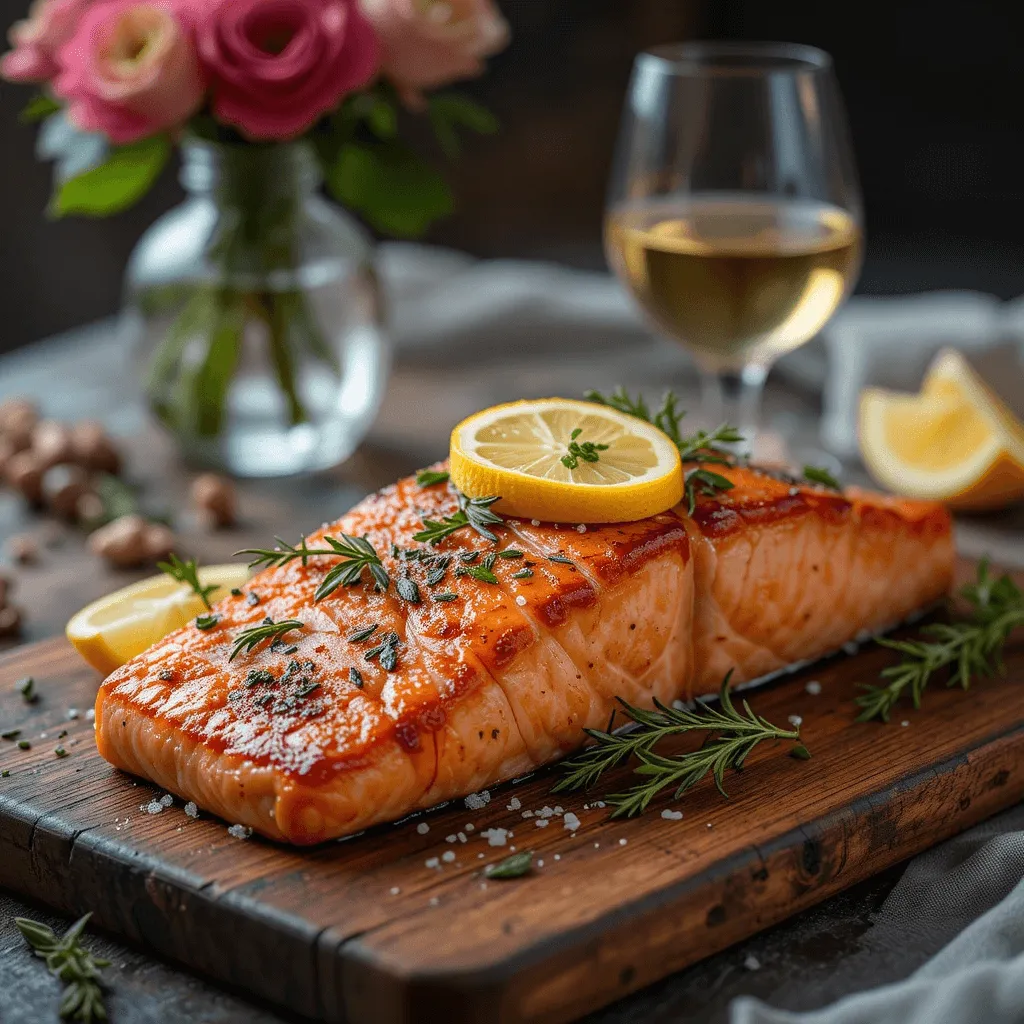 A close-up of a Tuscan-style baked salmon with a golden-brown crust, garnished with fresh herbs and lemon slices, served on a rustic cutting board with a warm Mediterranean ambiance.