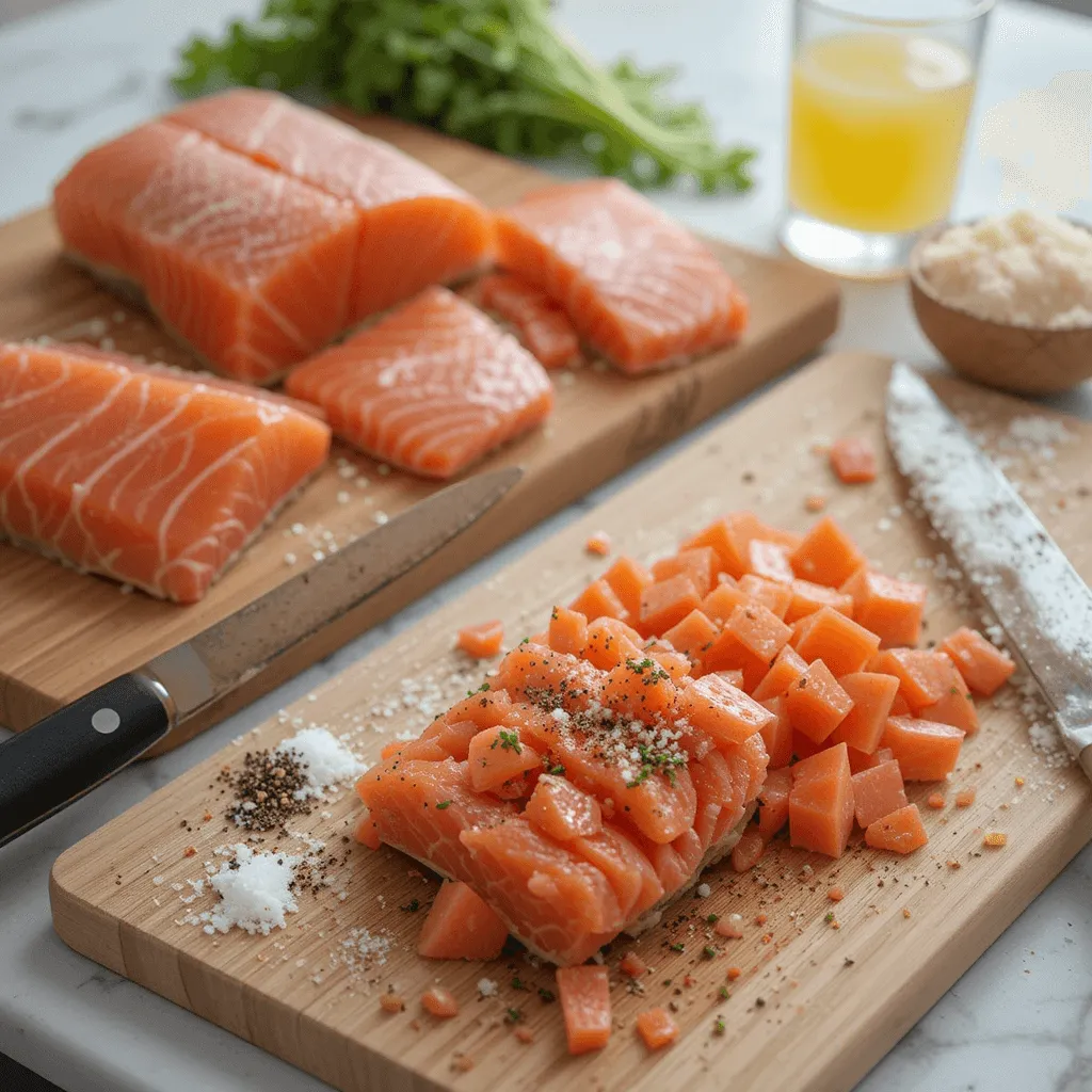 Fresh salmon fillets being prepared for burgers, with skin and bones removed, chopped into small pieces, and surrounded by seasonings and lemon juice.