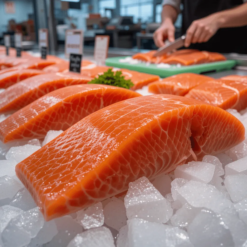 Fresh salmon selection at a seafood market with a fishmonger inspecting the fillets, highlighting their quality and freshness.