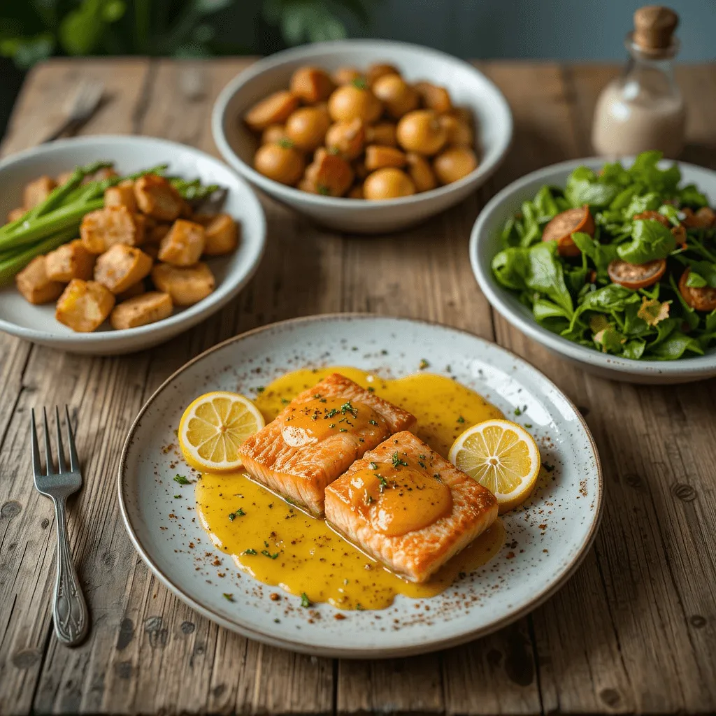 A rustic wooden table with salmon fillets drizzled with lemon sauce, accompanied by sides of asparagus, roasted potatoes, and fresh salad.