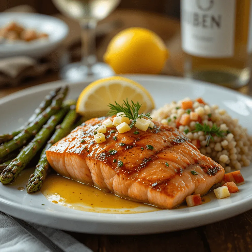 Honey garlic glazed salmon with roasted asparagus, quinoa salad, and a glass of Sauvignon Blanc.