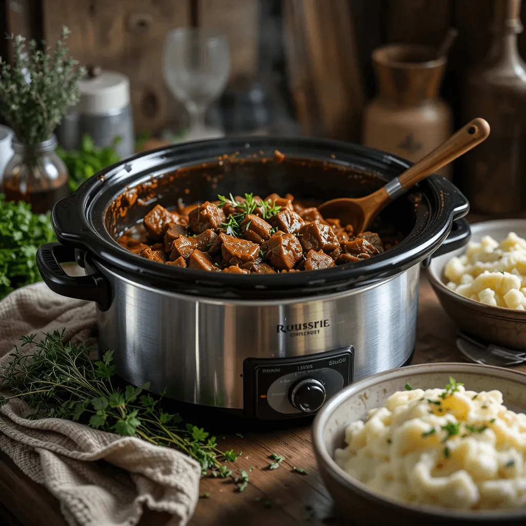 Beef bourguignon served with mashed potatoes, egg noodles, crusty bread, and paired with Pinot Noir and Merlot wine.