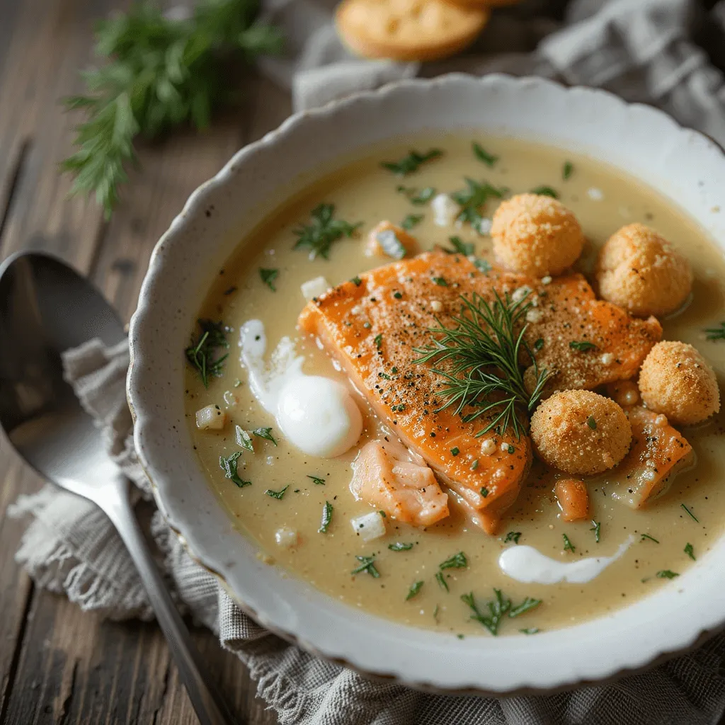 Finnish salmon soup served with traditional accompaniments: rye bread, boiled potatoes, and garnished with fresh herbs.