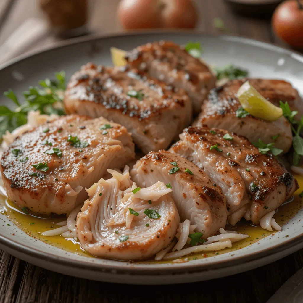 A close-up of a plate filled with freshly shredded boiled chicken breast, tender and juicy, surrounded by fresh herbs and a drizzle of olive oil. The rustic wooden table provides a cozy backdrop.