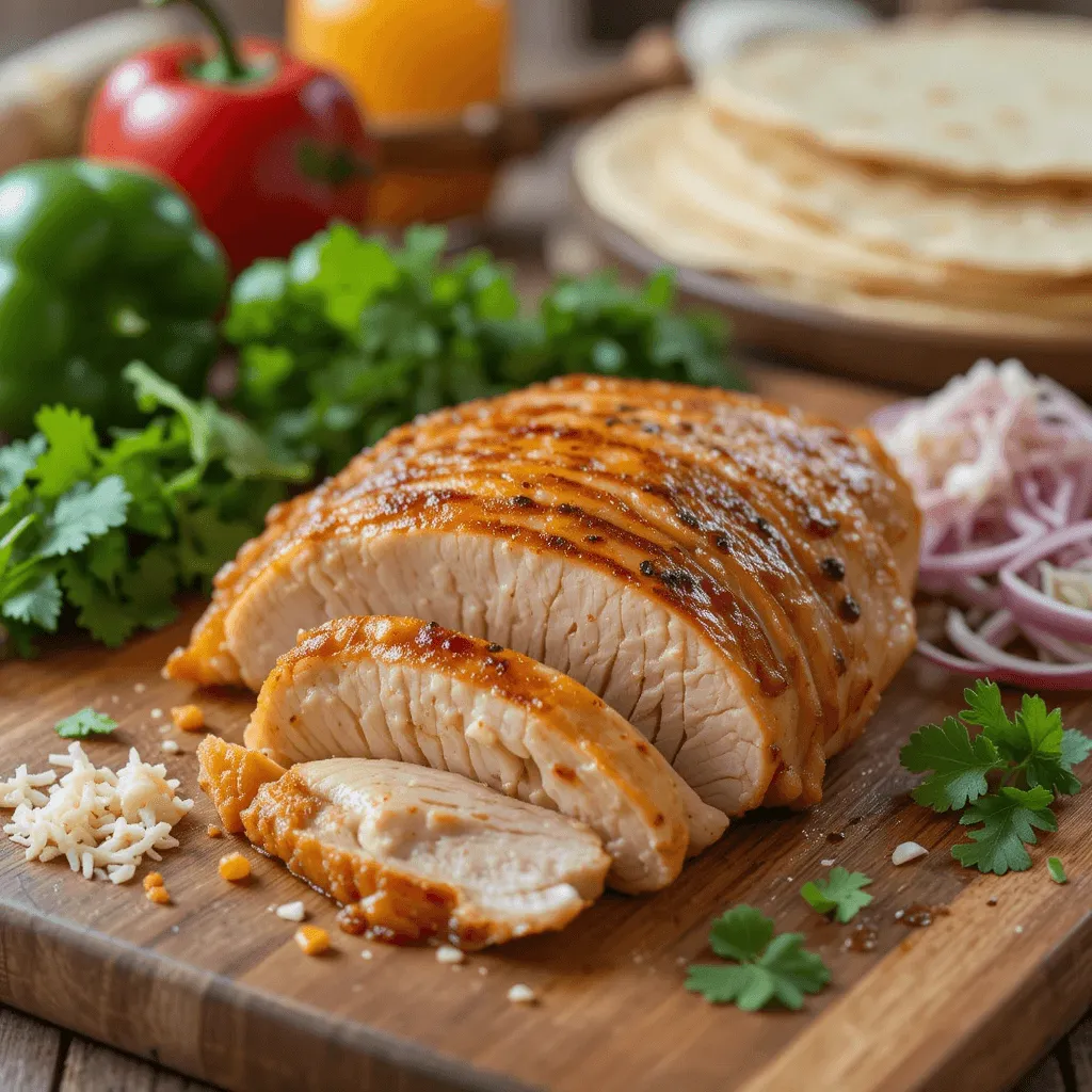 Sliced golden chicken breast with fresh vegetables and tortillas in a warm kitchen setting.