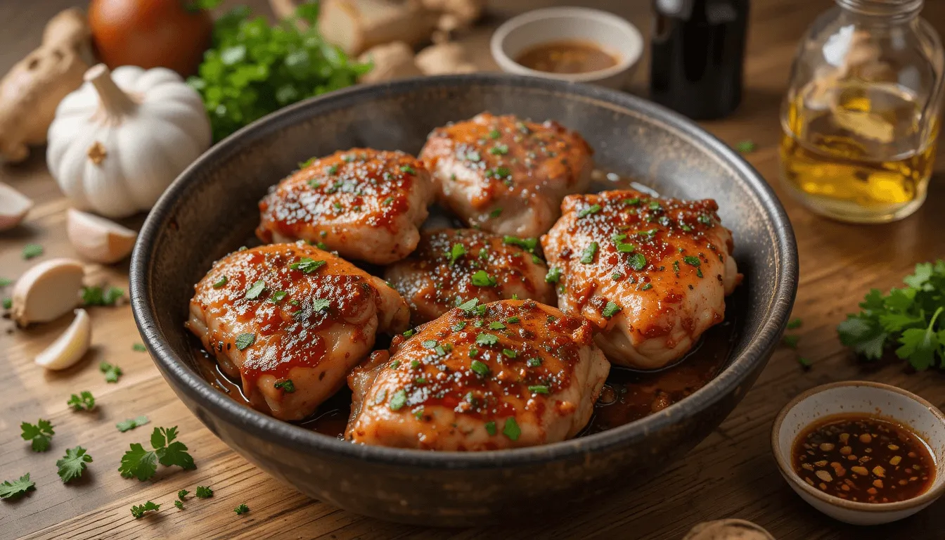 Marinated chicken thighs surrounded by fresh ingredients like garlic, ginger, cilantro, soy sauce, and olive oil, creating a flavorful and easy dish.