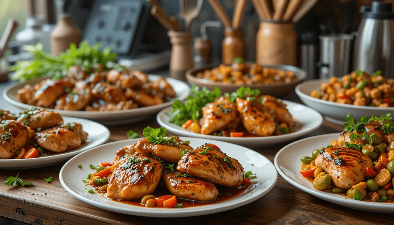 A kitchen scene with plated skinless boneless chicken thighs prepared in grilled, roasted, and stir-fried styles, garnished with fresh herbs and vegetables, set against a backdrop of cooking utensils and ingredients.