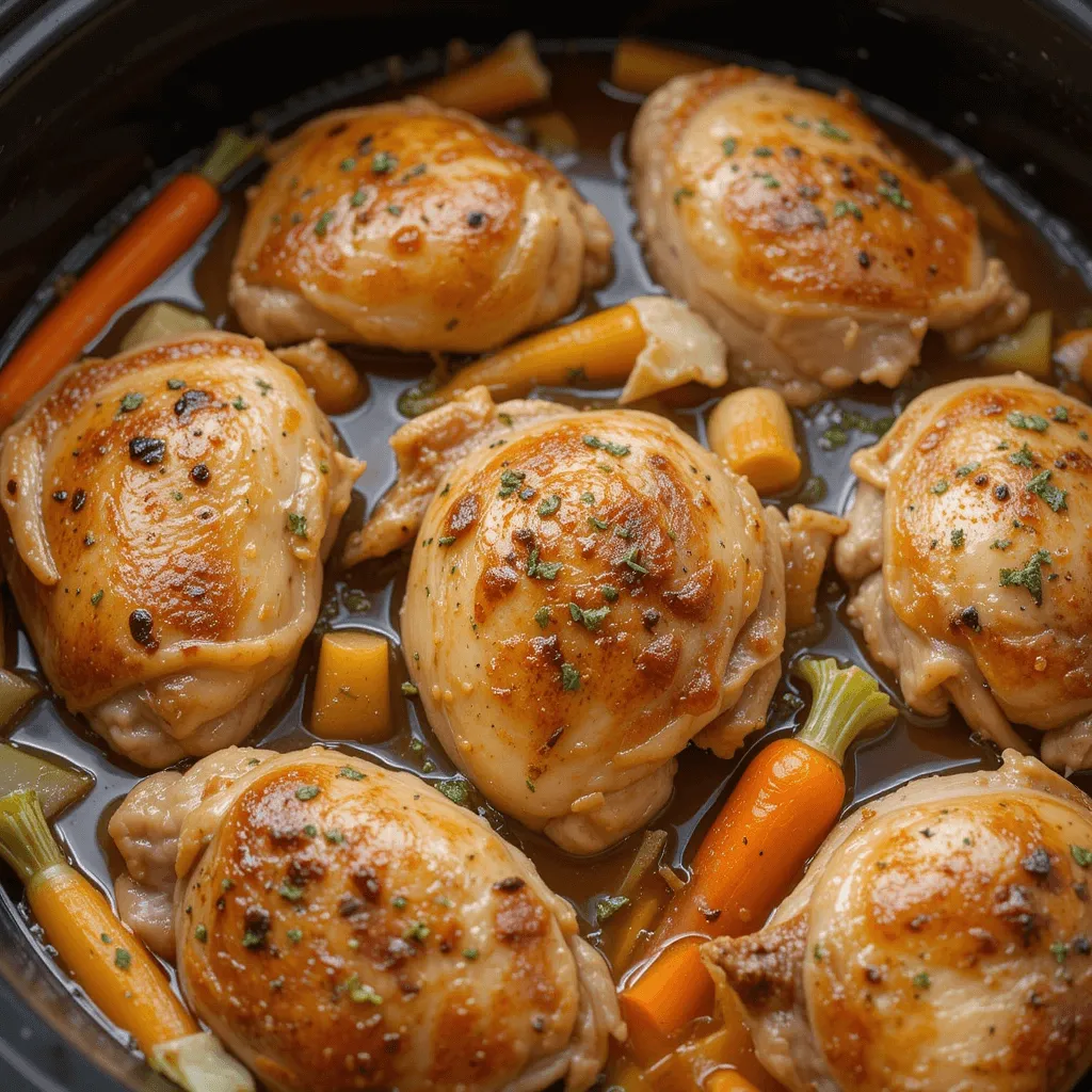 Slow cooker with tender chicken thighs and veggies in savory broth.