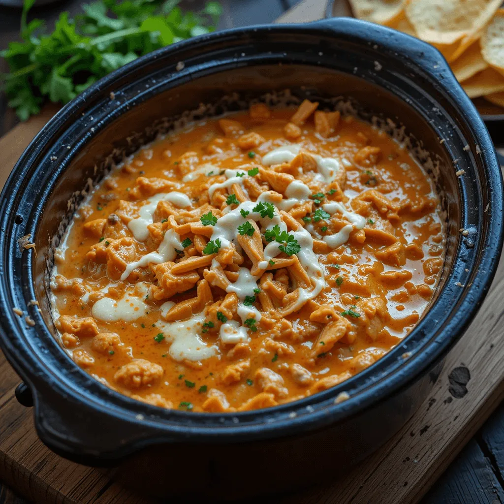 Slow-cooked buffalo chicken dip with melted cheese, buffalo sauce, and ranch drizzle in an earthenware dish on a wooden surface.