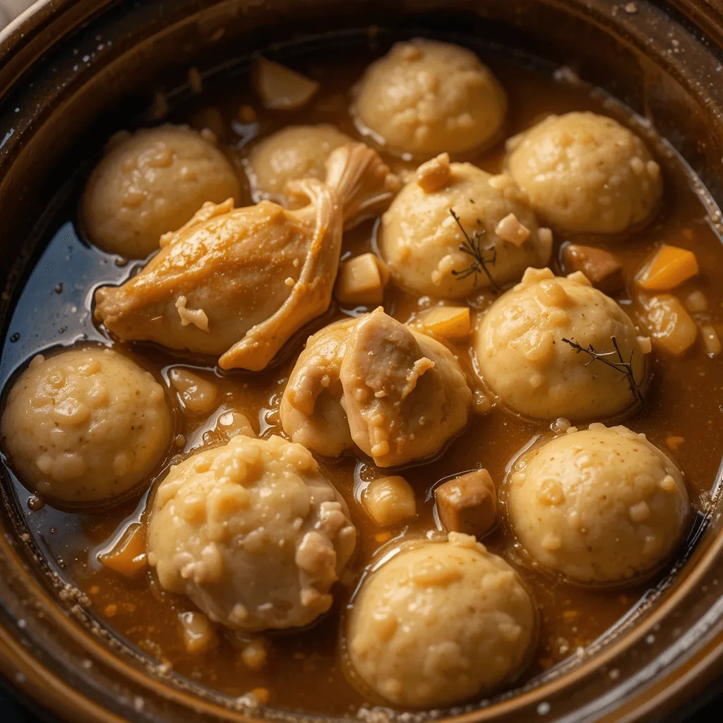 Slow-cooked chicken and dumplings in a rustic ceramic crock pot, with tender chicken and fluffy dumplings surrounded by savory broth, bathed in soft, warm lighting.