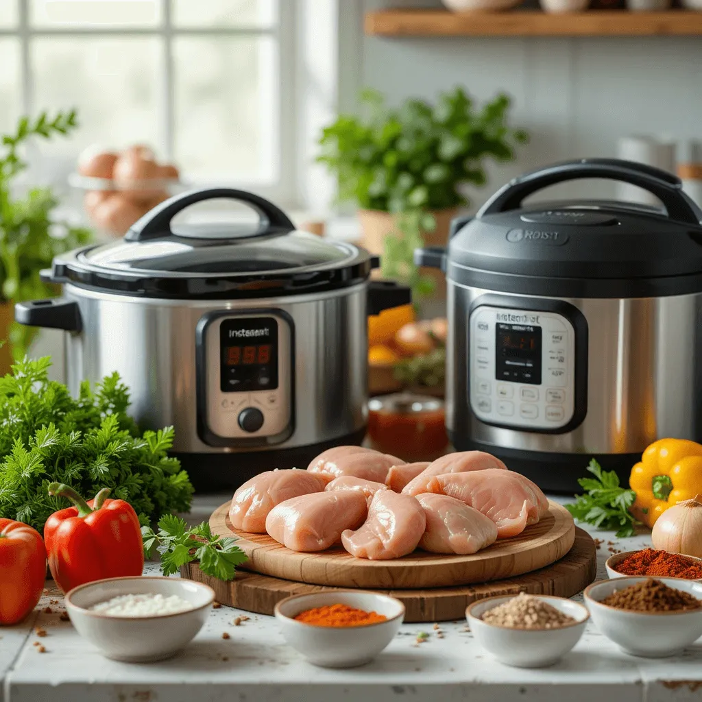 A vibrant kitchen scene with a slow cooker and Instant Pot, surrounded by raw skinless boneless chicken thighs, fresh herbs, colorful bell peppers, onions, and spices in small bowls, all lit with soft natural light.