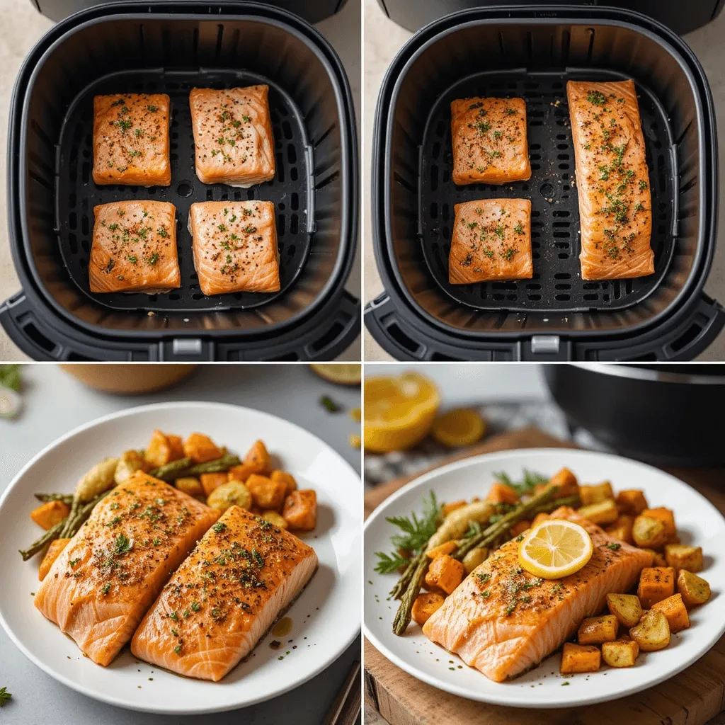 Step-by-step process of cooking salmon in an air fryer, from seasoning to serving.