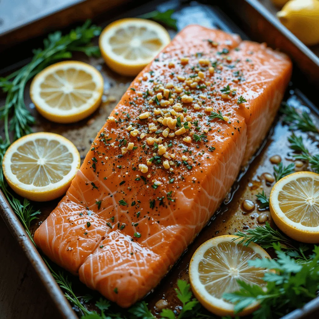 Fresh salmon fillet seasoned with olive oil, lemon juice, herbs, and garlic, placed on a rustic baking tray, ready to bake.