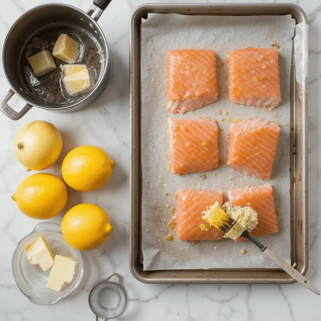 Step-by-step cooking process for lemon butter salmon, with salmon fillets, fresh ingredients, and the sauce being brushed on before baking.