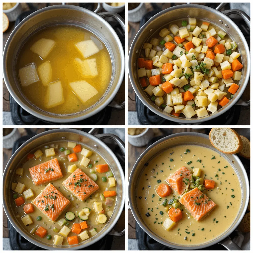 Step-by-step preparation of Finnish salmon soup, showing simmering stock, sautéed vegetables, adding salmon, and the finished creamy soup garnished with herbs.