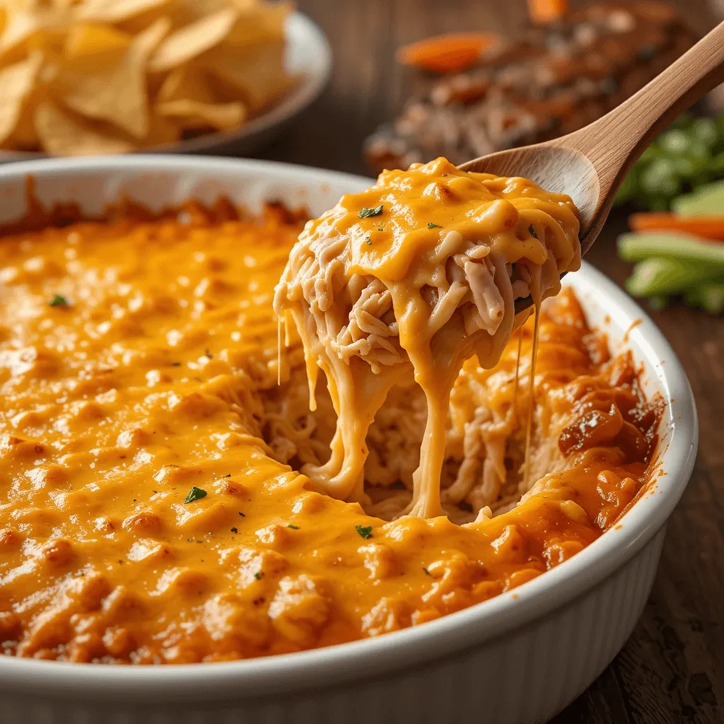 Freshly baked Buffalo Chicken Dip in a white baking dish, with a wooden spoon lifting a cheesy, creamy portion, surrounded by tortilla chips and veggies.