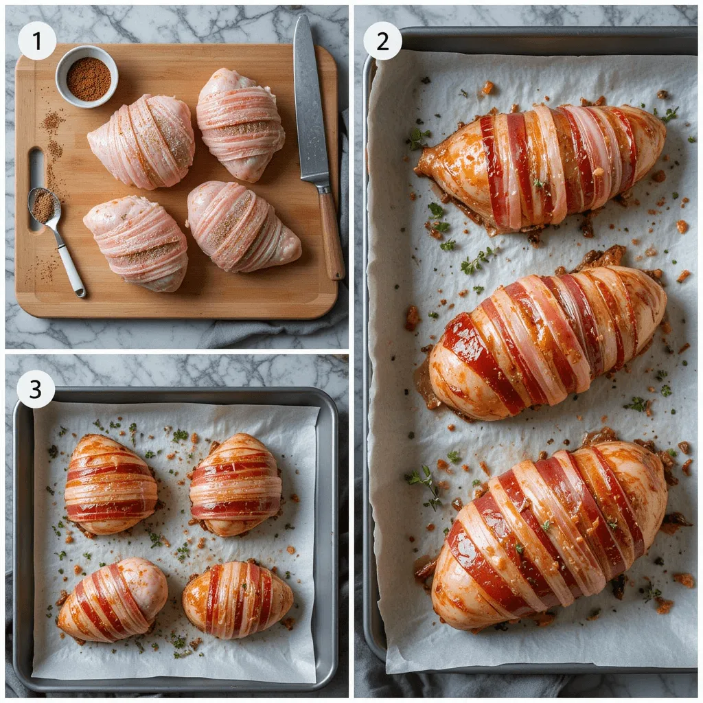 Step-by-step process of making bacon-wrapped chicken breast in the oven, from seasoning to baking and serving the final crispy, juicy dish.