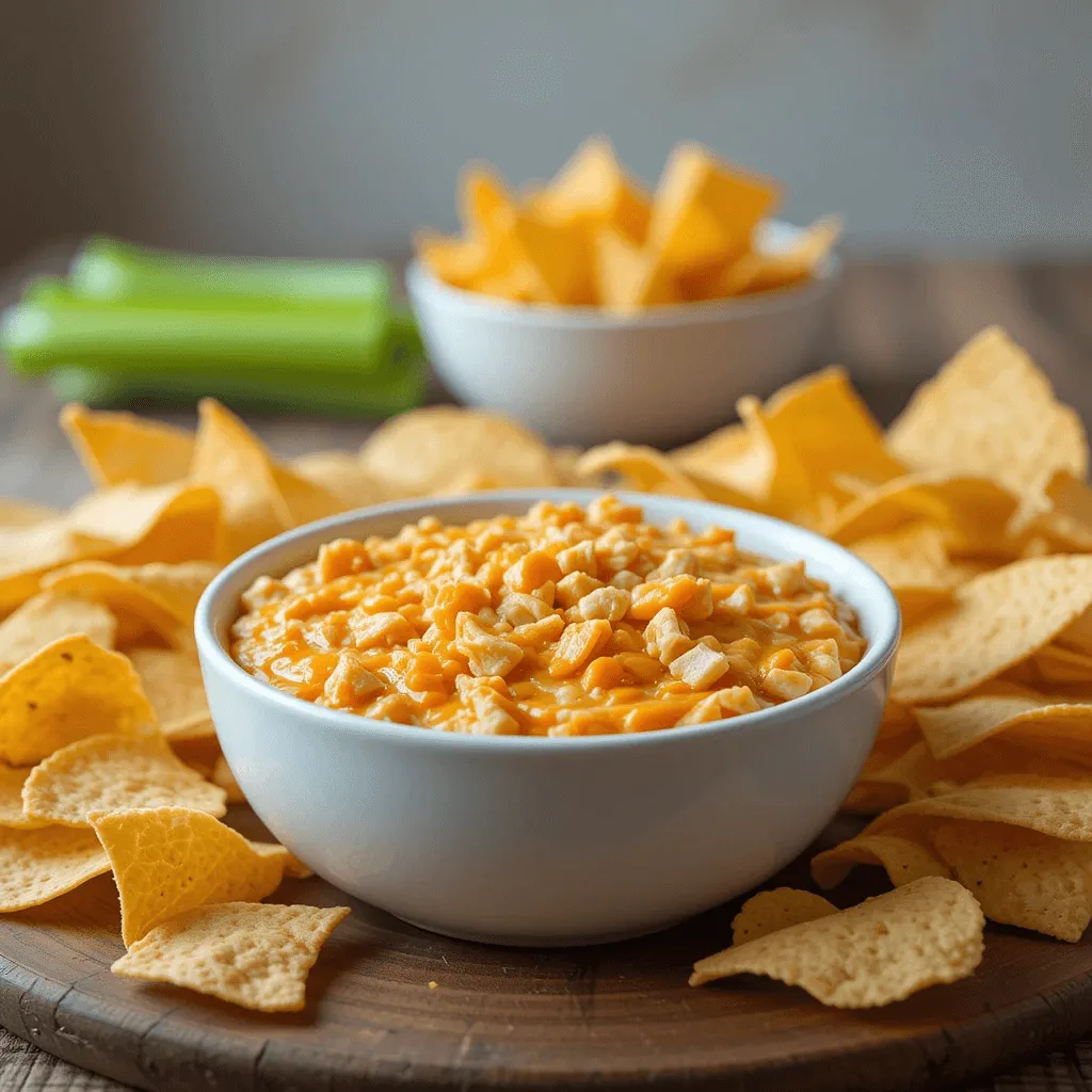 Freshly prepared buffalo chicken dip with melted cheese and buffalo sauce, served with tortilla chips and celery on a rustic wooden table.