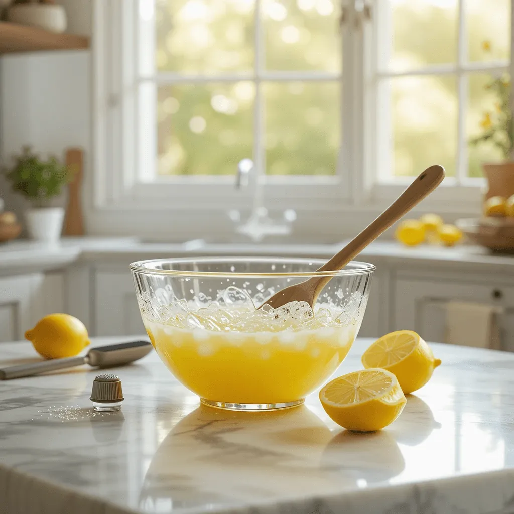 Essential tools and ingredients for making homemade lemon sauce for salmon on a bright kitchen counter, including a glass bowl of freshly squeezed lemon juice, zester, wooden spoon, and lemon slices.