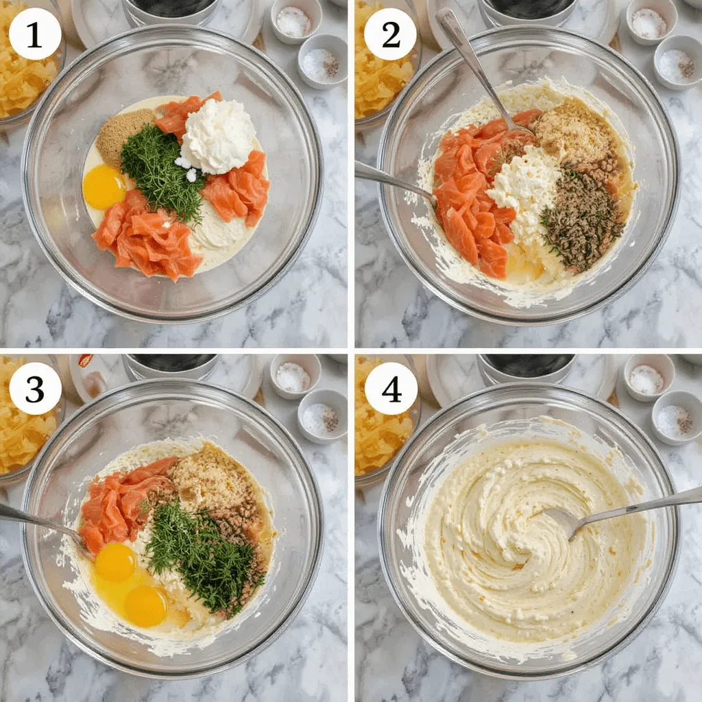 Step-by-step preparation of smoked salmon dip, with ingredients like smoked salmon, cream cheese, fresh herbs, and lemon juice being mixed together.