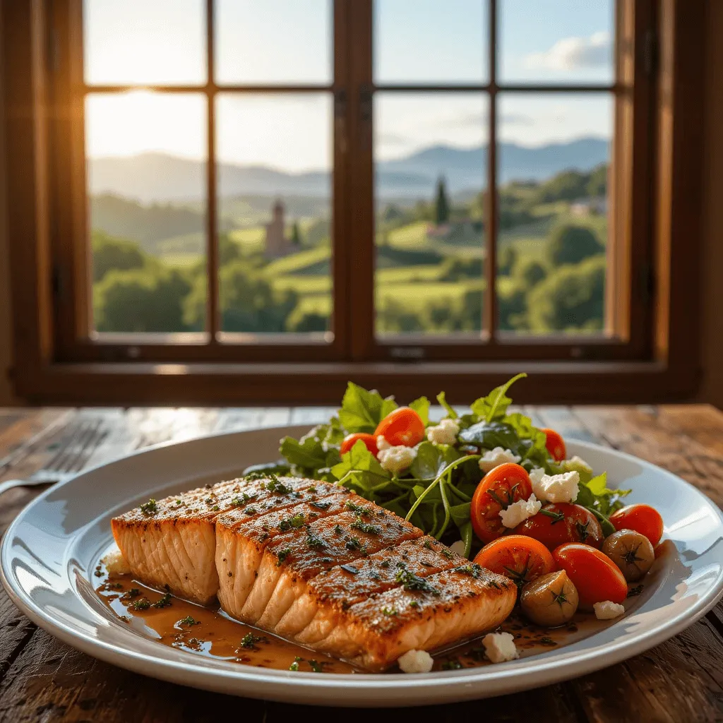 A perfectly seared Tuscan salmon fillet covered in a creamy sun-dried tomato sauce, served on a rustic wooden plate with roasted vegetables and fresh basil.