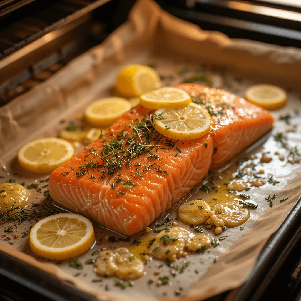 Salmon fillet seasoned with lemon, garlic, and dill, ready to be baked in the oven at 400°F for perfect doneness.