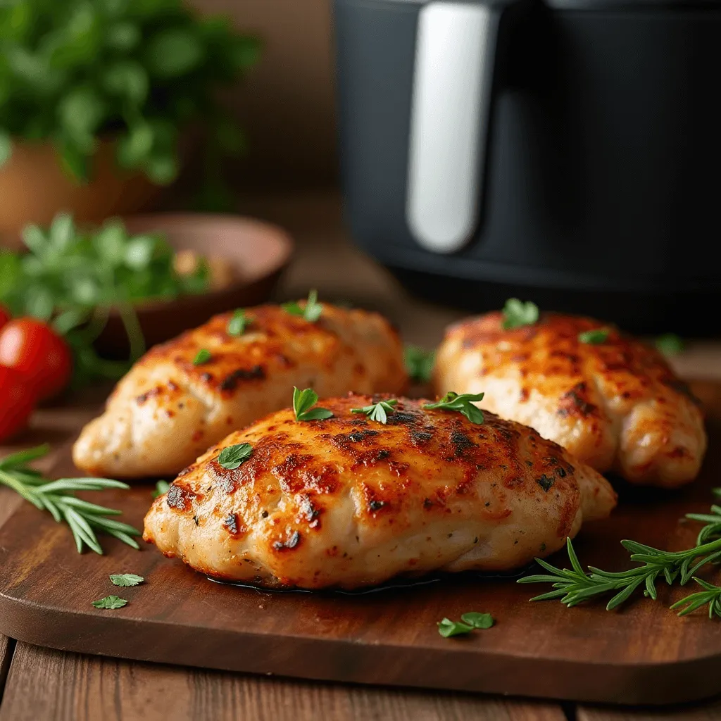 Chicken breasts in an air fryer with labeled cook times based on thickness.