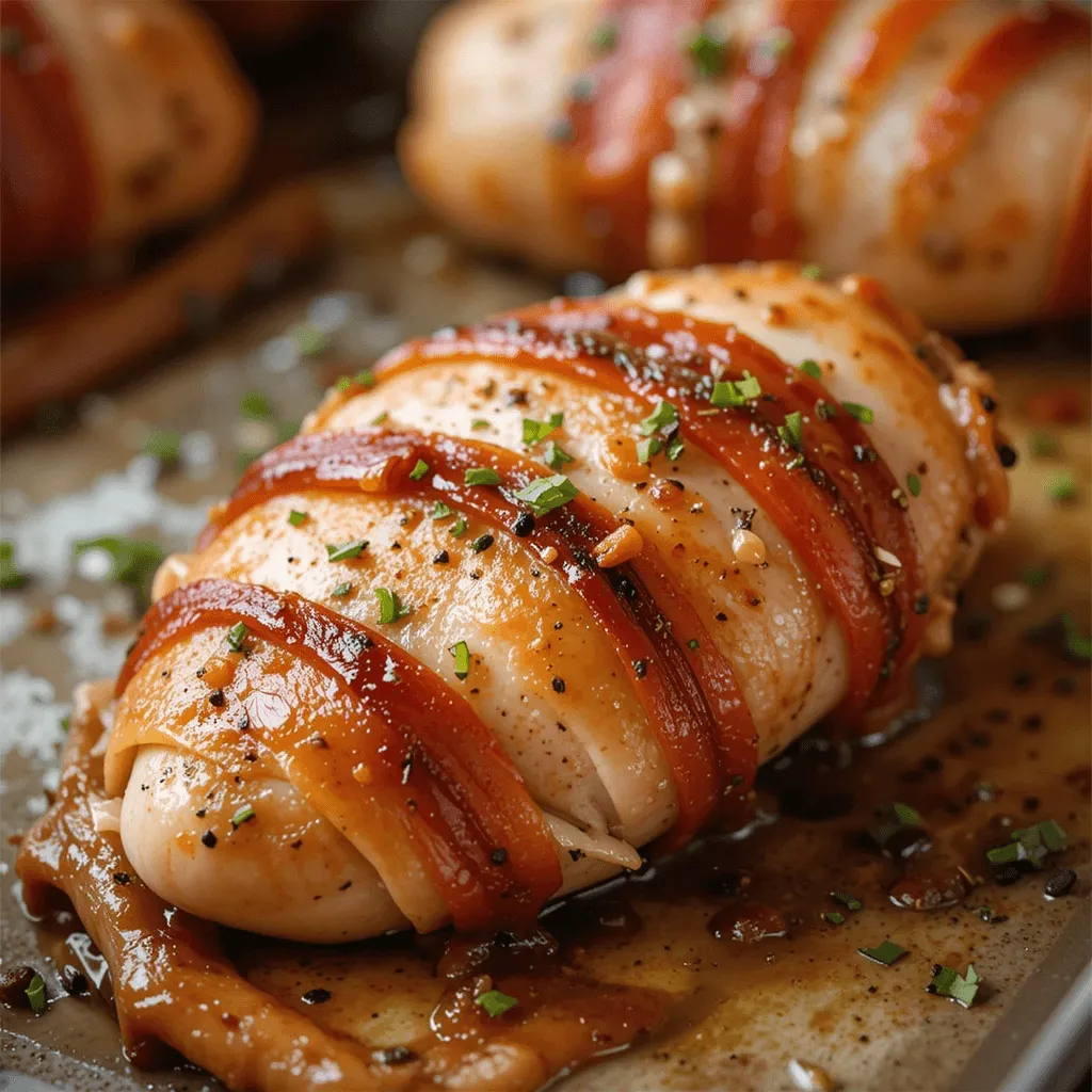 Golden-brown bacon-wrapped chicken breast on a baking sheet, with crispy, sizzling bacon and juicy, tender meat.