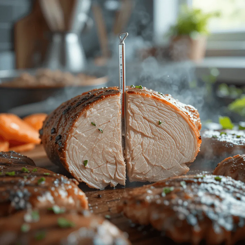  A close-up shot of a meat thermometer inserted into the thickest part of a cooked chicken breast, with the thermometer reading 165°F (74°C). The background shows the chicken's juicy white flesh and clear juices.