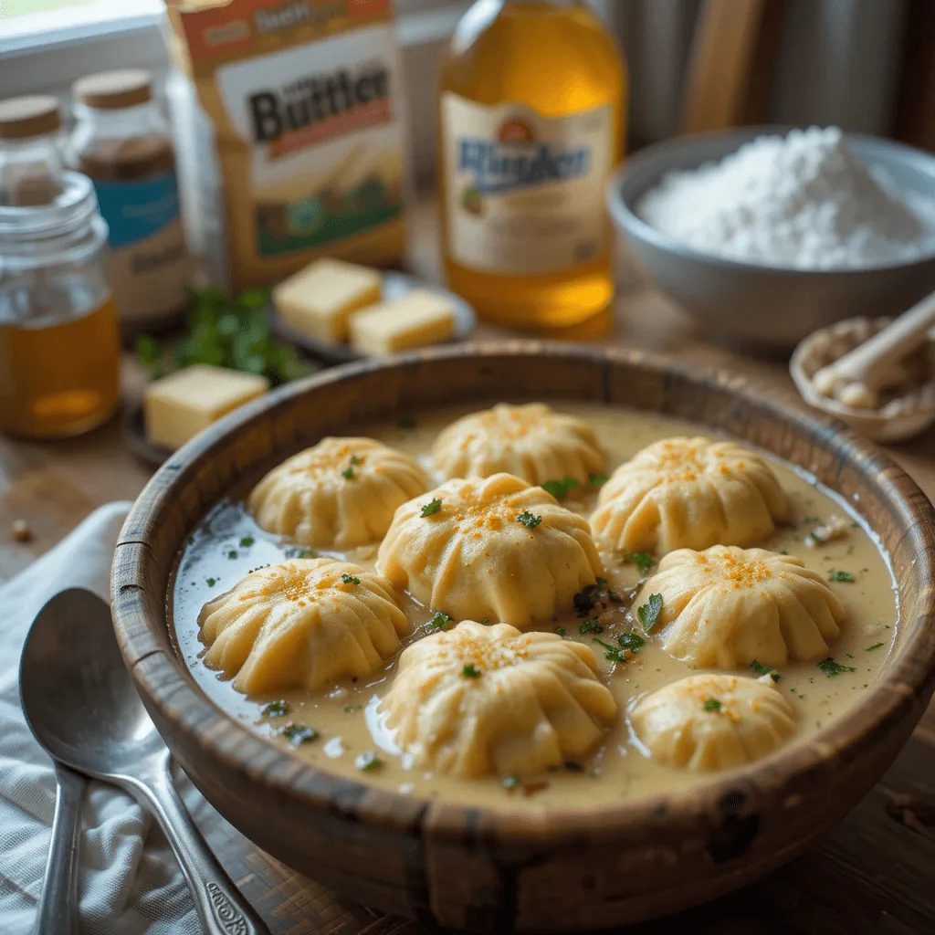 Ingredients for chicken and dumplings, with dumplings being shaped and prepared in a rustic kitchen.