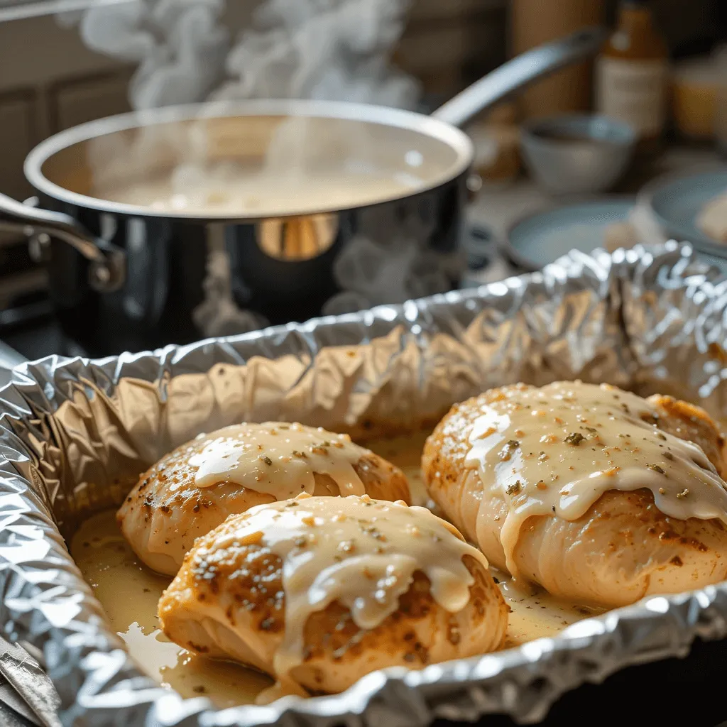 Cooking Salt and Lavender Creamy Garlic Chicken—searing chicken, simmering garlic sauce, and preparing for baking.