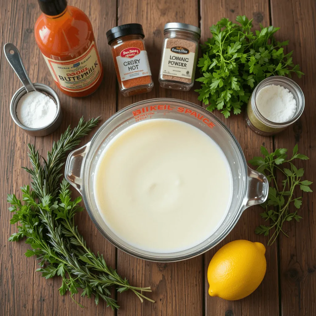 Ingredients for a buttermilk marinade for Nashville hot chicken: buttermilk, hot sauce, garlic powder, onion powder, fresh herbs, and lemon.