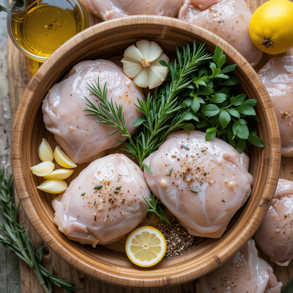 A well-balanced chicken thigh marinade in a bowl, perfectly covering a small portion of chicken thighs, with measuring spoons and fresh herbs.