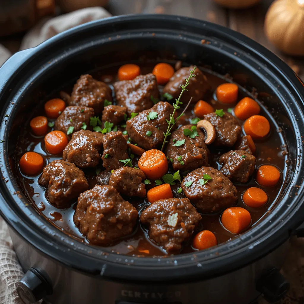 Savory beef bourguignon in a slow cooker with tender beef, carrots, mushrooms, and aromatic herbs in a rustic kitchen setting.