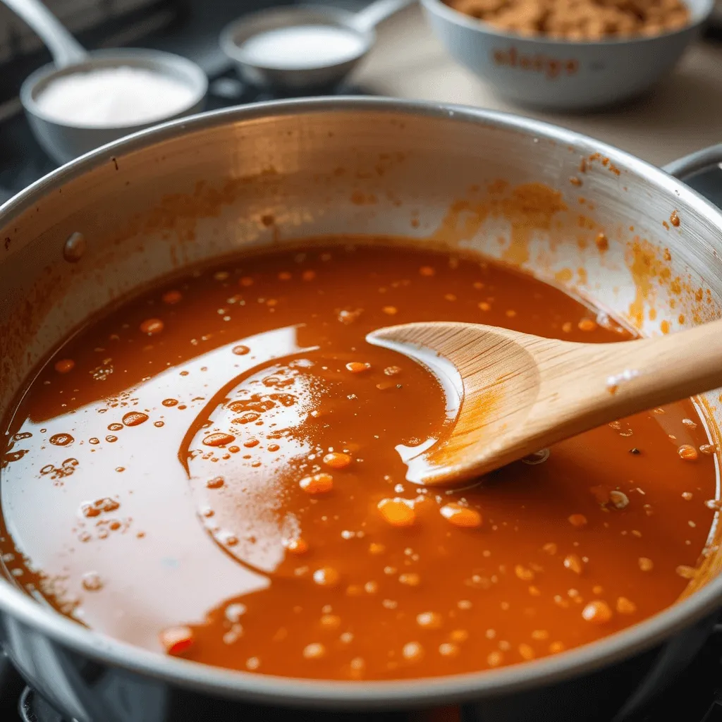 A saucepan with simmering sweet and sour sauce being stirred to achieve the perfect consistency, with cornstarch and flour nearby for thickening.