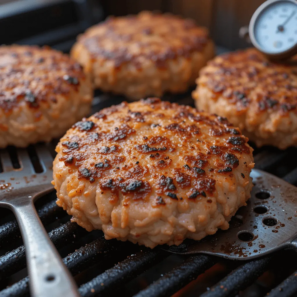 Perfectly cooked salmon burgers on a grill, showing a juicy, flaky interior and crispy golden-brown exterior, with a thermometer for checking safe cooking temperature.